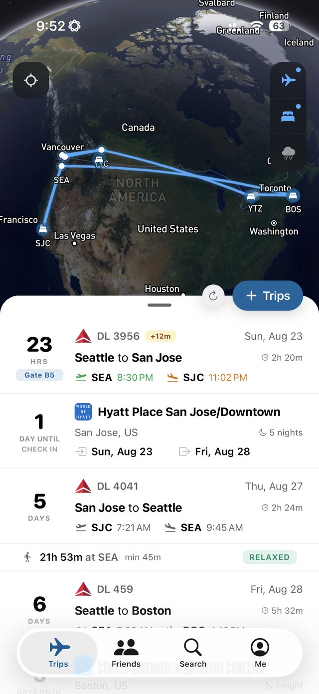 Goafie's trip list over a globe of routes: upcoming Delta flights between Seattle, San Jose and Boston with gates and countdowns, and a Hyatt hotel stay between them
