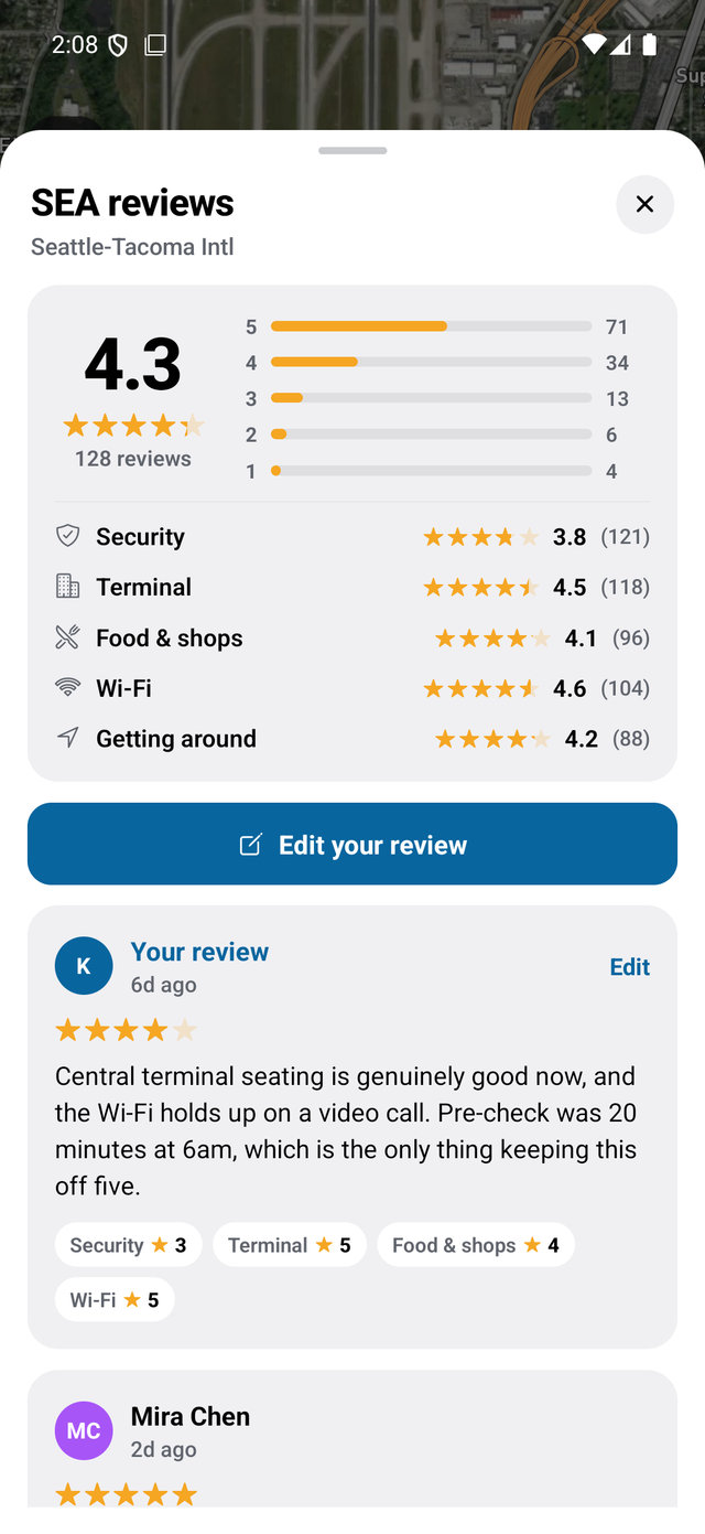 Goafie's Seattle-Tacoma reviews: a 4.3 average from 128 travelers, the full score distribution, and separate ratings for security, terminal, food, Wi-Fi and getting around