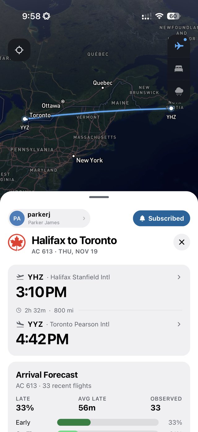 A friend's Halifax to Toronto Air Canada flight in Goafie, subscribed for live updates, with its route drawn across a map of eastern Canada